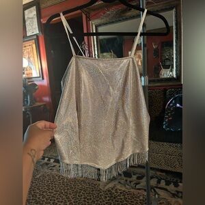 Silver shimmer halter w/beaded fringe